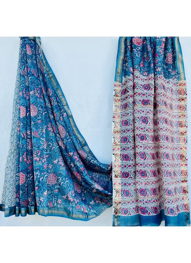 Maheshwari Silk Sky Blue Traditional Wear Block Printed Saree